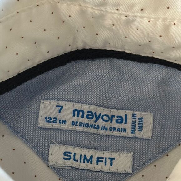 Mayoral Boys White Button-Up Slim Fit Polka Brown Dot Shirt - Size 7 - Picture 5 of 7